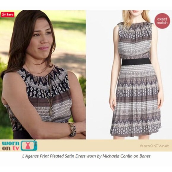 L'AGENCE Print Pleated Satin Fit & Flare Dress Size 6 Nordstrom $495 Aztec Silky - Picture 4 of 16